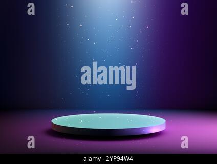 Futuristic neon 3D podium glowing in blue and pink with spotlight surrounded by shimmering particles on a dark backdrop. Technology mockups, product d Stock Vector