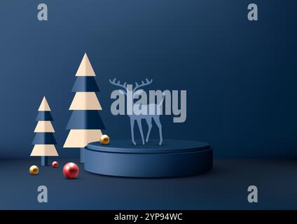 Christmas festive composition with a minimalist blue pedestal, reindeer, and pine tree design. Creative product displays, marketing, and holiday decor Stock Vector
