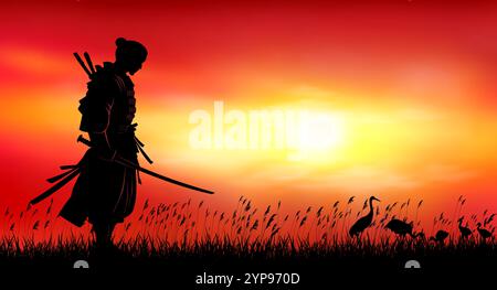 A man stands with a sword in his hands against the background of a sunset. Samurai perform exercises with a sword. Red sunset. Stock Vector