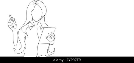 business woman using digital tablet one line drawing continuous. beauty woman holding stylus pen with casual clothes pose portrait for advertising vec Stock Vector