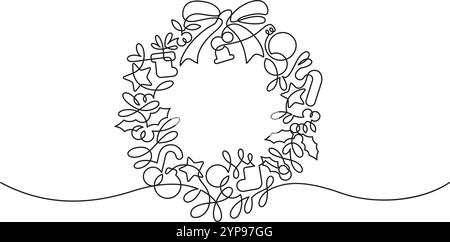 christmas wreath decoration hanging one line continuous drawing hand drawn minimalism. holiday fir tree garland greeting festive season thin line illu Stock Vector