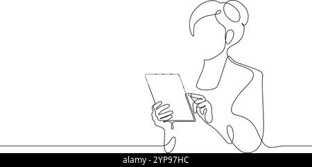 businesswoman using digital tablet portrait posing advertising one line drawing continuous minimalism Stock Vector