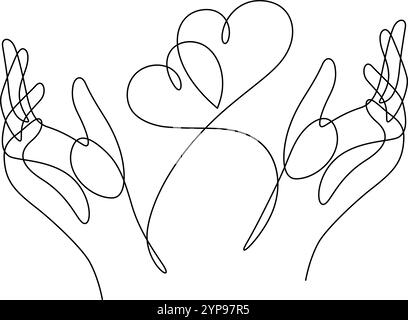 caring two hands and two heart shape continuous line drawing love concept vector illustration Stock Vector