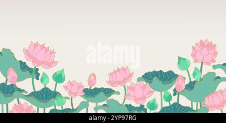 lotus water lily flowers and leaves isolated on beige background for decoration and greeting vector illustration Stock Vector