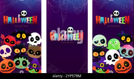 halloween greeting trick or treat with cute spooky character decoration banner Stock Vector