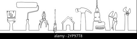 working tools craftsman top view continuous line drawing minimalism background Stock Vector