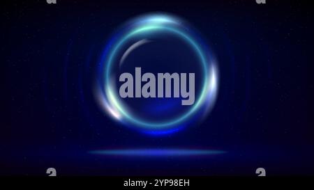 Stage, circular light frame on dark background. Illuminated stage, dark blue backdrop. Blue cyan glowing glass circle. Shining light ring. Background Stock Vector