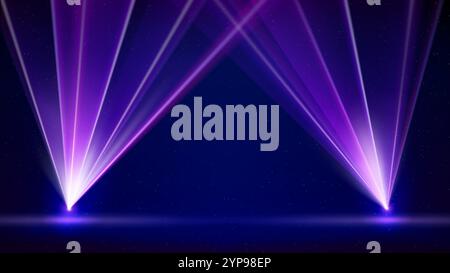 Laser light show. Bright led laser beams, dj light party. Template. Illuminated blue pink stage, led strobe lights. Stage lighting effect. Background Stock Vector