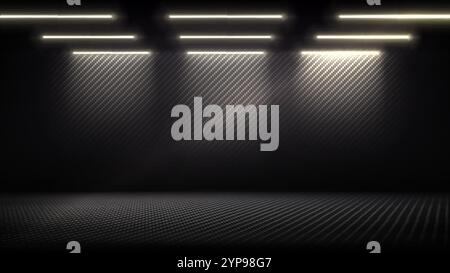 Studio interior with carbon fiber texture. Modern carbon fiber textured black interior with light. Dark background for mounting, product placement Stock Vector