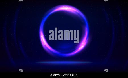 Circular frame on dark background. Pink blue purple glowing circle. Shining light ring. Illuminated stage, dark blue backdrop. Background. Empty Stock Vector