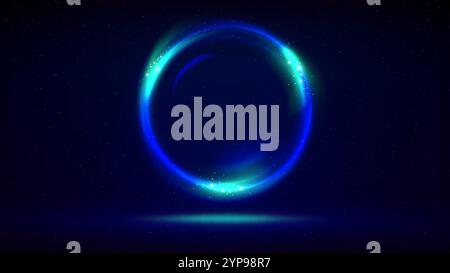 Circular frame on dark background. Cyan blue glowing circle. Shining light ring. Illuminated stage, dark blue backdrop. Background for displaying prod Stock Vector