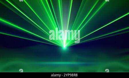 Laser light show. Bright led laser beams, smoke, dj light party. Blue illuminated stage, green led strobe lights. Background, backdrop for displaying Stock Vector