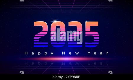Happy New Year 2025, 25. New Year greeting card. Retro futuristic tech design, 80s style. Neon color. Orange purple magenta numbers 2025, starry sky Stock Vector