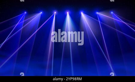 Laser light show. Bright led laser beams, smoke, dj light party. Illuminated blue stage, led strobe lights. Blue background, backdrop for displaying Stock Vector