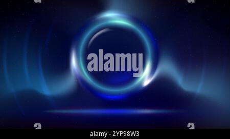 Stage, circular light frame, dark background. Blue cyan glowing plasma circle. Shining light ring. Illuminated stage, dark blue backdrop. Background Stock Vector
