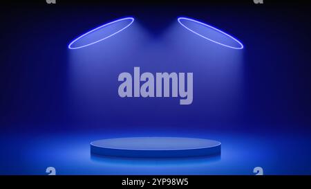 Futuristic blue stage, podium. Blue room round podium pedestal illuminated by circular neon led halo. Background for displaying products, presentation Stock Vector