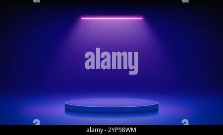 Futuristic blue stage with podium. Blue room with round podium pedestal illuminated by pink purple led neon lamp. Background for displaying products Stock Vector
