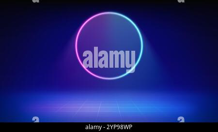Futuristic stage blue background. Room illuminated by circular pink blue neon, modern led halo spotlight, grid floor. Backdrop for displaying products Stock Vector