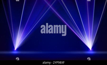 Laser light show. Bright led laser beams, dj light party. Template. Illuminated blue stage, led strobe lights. Stage lighting effect. Background, back Stock Vector
