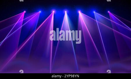 Laser light show. Bright led laser beams, dj light party, smoke. Illuminated blue pink stage, led strobe lights. Background, backdrop for displaying Stock Vector