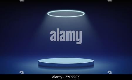 Blue dim stage, podium. Room with round podium pedestal illuminated by circular cyan neon, led halo. Backdrop. Showcase. Pale background displaying Stock Vector