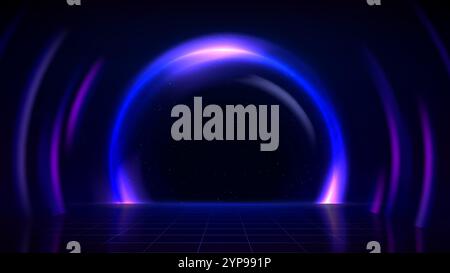Starry sky in abstract porthole, shining ring, grid floor. Circular frame on dark background. Blue pink purple glowing circle. Dark blue backdrop Stock Vector