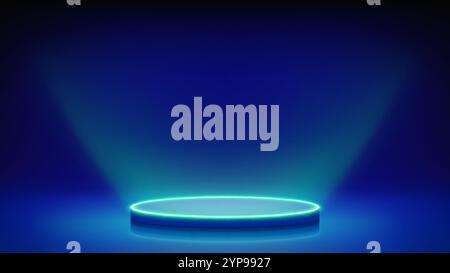 Futuristic blue stage with glowing podium. Blue room, round neon pedestal podium illuminating the advertised product from below. Background Stock Vector