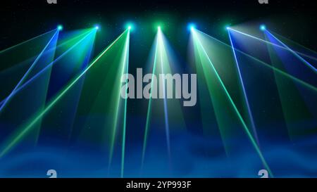 Laser light show. Bright led laser beams, dj light party, smoke. Illuminated blue green stage, led strobe lights. Background, backdrop for displaying Stock Vector