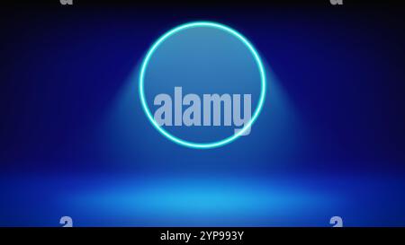 Futuristic stage blue background. Room illuminated by circular cyan neon, modern led halo spotlight. Backdrop for displaying products, presentation Stock Vector