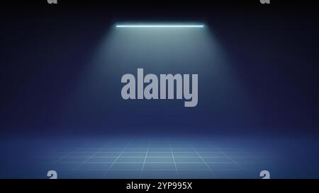 Futuristic blue dim stage background. Room illuminated by cyan neon, led spotlight, grid floor. Minimalistic backdrop design for displaying products Stock Vector