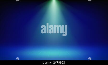 Spotlight blue stage background. Minimalist interior studio room illuminated by green spotlight, grid floor. Backdrop for displaying products Stock Vector