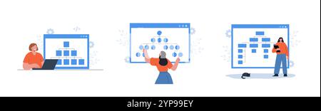 Sitemap creation. Set of Vector illustrations. Website optimization concept. Web development and web page structure. Build XML map with lists the URLs Stock Vector