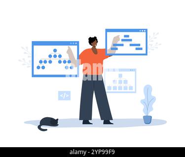 Sitemap Creation concept. Website SEO management. African Female Developer organizes site structure. Search optimization. Flowchart UI UX. Vector Stock Vector