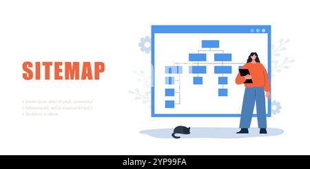 Sitemap concept. Female Developer creation Strategy. Website SEO management. UX designer workflow. Vector illustration Stock Vector