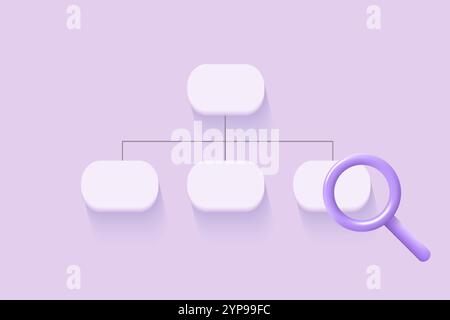 Sitemap 3D icon with magnifier. Flowchart UI UX. Vector illustration. Architecture site concept. SEO optimization. Perfect for web and app interfaces Stock Vector