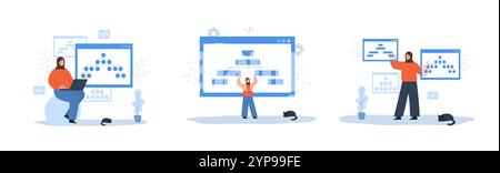 Sitemap creation. Set of Vector illustrations. Website creation tool. Arab Female developers with laptops. Online software and web page structure. UX Stock Vector