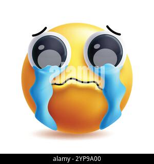 Sob emoji clipart character. 3d emoji facial expression in pain, grief, tear eyes, sorrowful, unhappy and sad clipart yellow icon elements in white Stock Vector