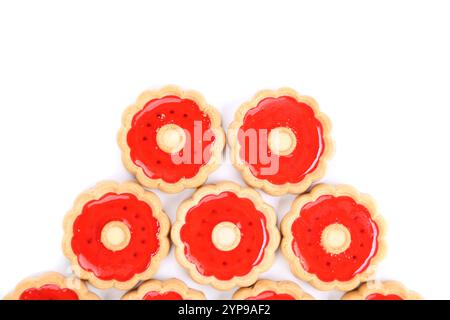 Five rings of strawberry biscuits. White background. Stock Photo