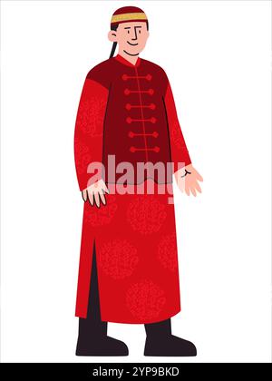Manchu Neitao Chinese traditional man dress Qipao red color Chinese tradition attire heritage cultural clothes design icon set colorful Stock Vector