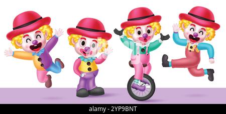 Clowns birthday characters clipart set. Birthday clown character in standing, jumping, bicycle and waving character comedian collection. Vector Stock Vector
