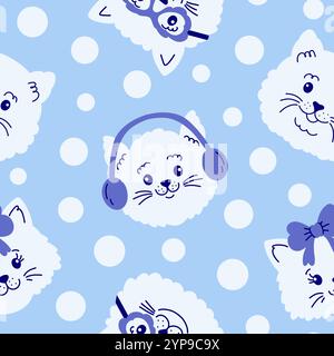 Seamless pattern with cat faces and dots. Stock Vector