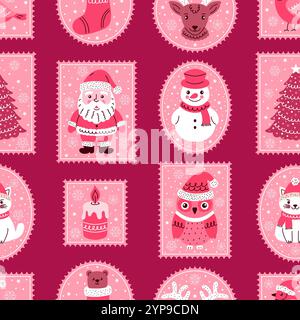 Seamless pattern with postage stamps with cute doodle style characters for Christmas and New Year. Stock Vector