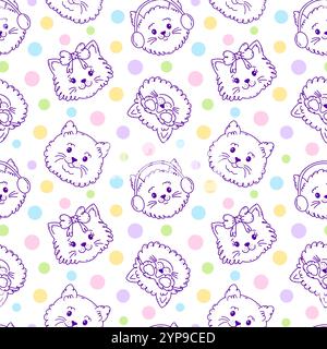 Seamless pattern with cat faces and dots. Stock Vector
