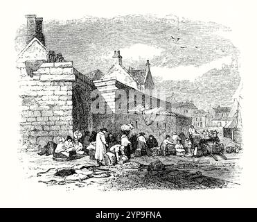 An old engraving of the wall defences along the shore at the harbour town of Hartlepool, County Durham, England, UK in medieval times – it is from a Victorian history book. The ‘Watergate’ is left and women are down on the foreshore washing clothes and bedlinen. The peninsula of Hartlepool, boasting a natural harbour, was an ideal location for a medieval port. As the importance of maritime trade grew, Hartlepool was suddenly vulnerable to piracy and warfare. During the 1300s a substantial wall was constructed to defend the landward western side of the peninsula and the beach on the south side. Stock Photo