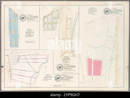 Plate 29: Map No. 274 [Bounded by Kingsbridge Road, Fordham Ave., Irving St., and Madison Ave.] - Map No. 163: [Bounded by Williams Bridge Road, Third Ave., Williams St., Isaac St., West Farms Rd., Marian Ave. and Ridge St.] - Map No. 458:[Bounded by Kingsbridge Rd., New York & Harlem R.R. Depot, Sandford St., virginia St., Clark St. and Tiebout Ave.] - Map No. 224: [Bounded by Old Boston Rd., Lands of Mrs. Sarah Bussing, Pugsey's Lands, Lands of John B. Gillespie and Lands of James T. Adee Esq.] 1888 - 1897 Stock Photo