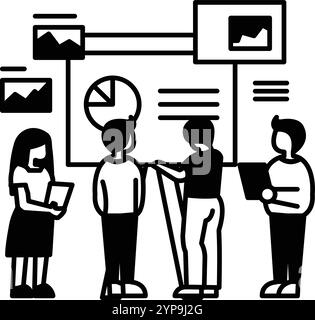 A group of people are standing around a large white board with a pie chart on it Stock Vector