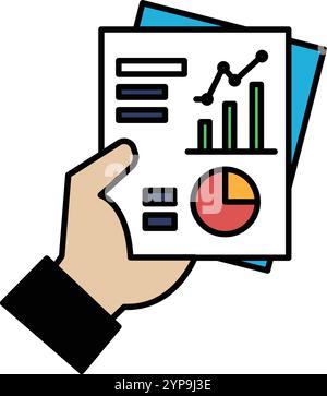 A hand holding a piece of paper with a graph on it. The graph is a pie chart with a red slice Stock Vector