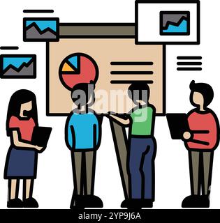 A group of people are standing around a large white board with a pie chart on it. They are all looking at the chart and discussing it Stock Vector