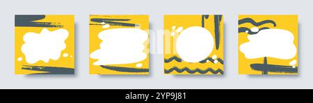 Bright yellow backgrounds with grunge design and text bubbles. Set of square abstract templates for social media posts. Universal design for booklet, Stock Vector