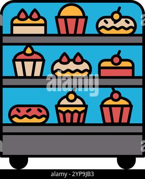 A cartoon image of a bakery display case with a variety of cakes and cupcakes. The display case is blue and has a cartoonish feel to it Stock Vector